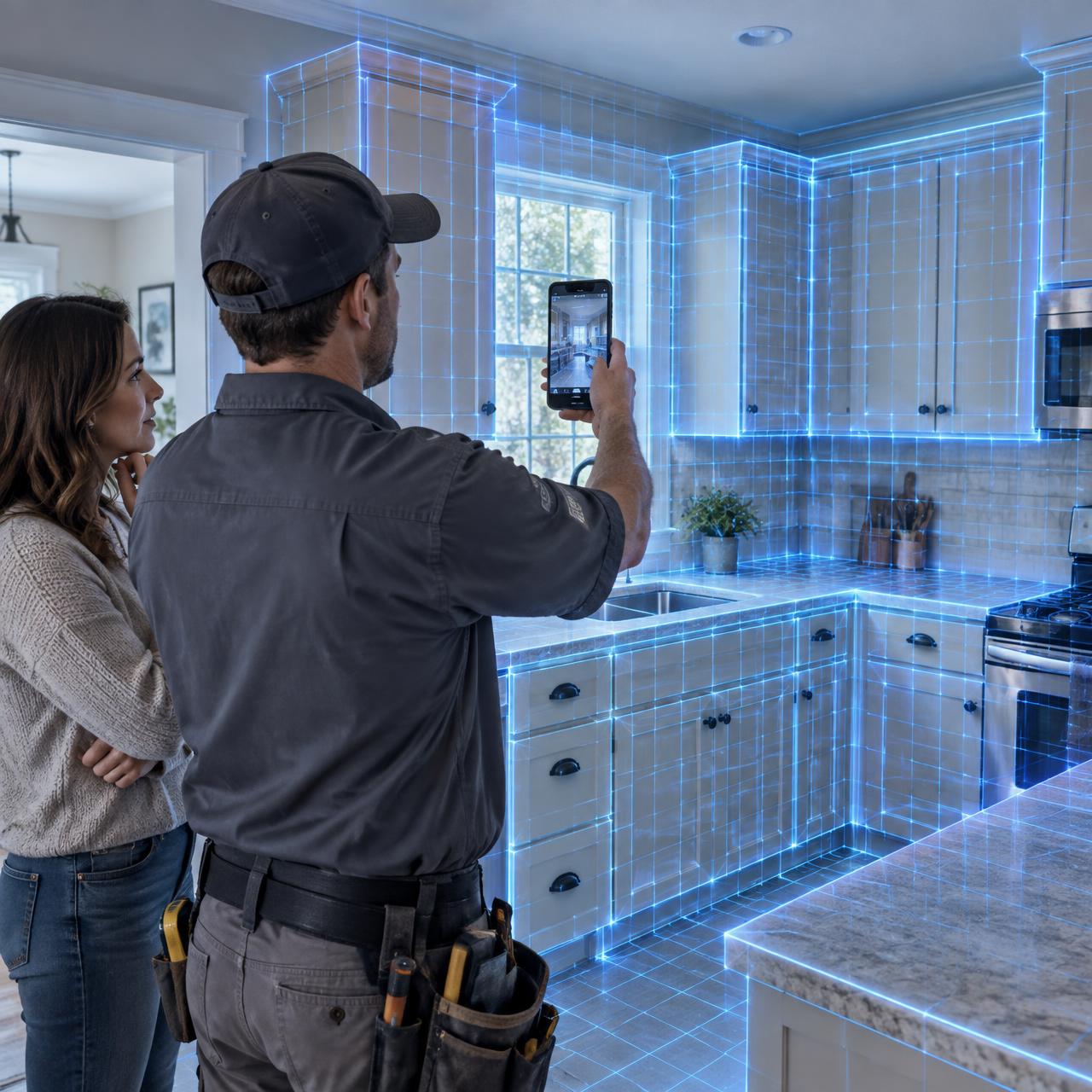 Contractor scanning a kitchen with a phone while the homeowner watches